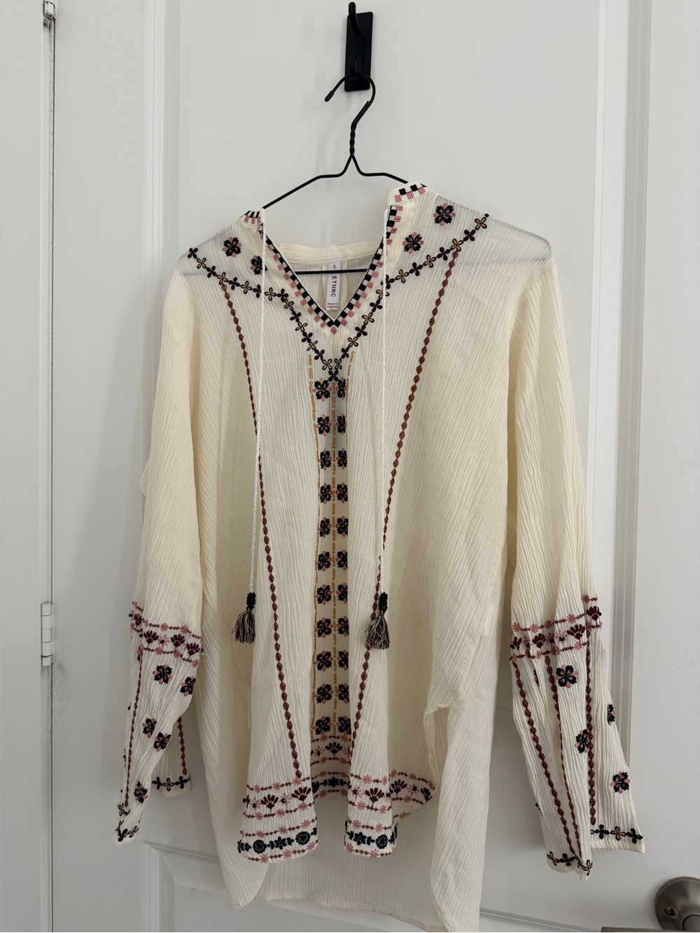Cream Embroidered V-Neck Boho Blouse with Tassel Ties